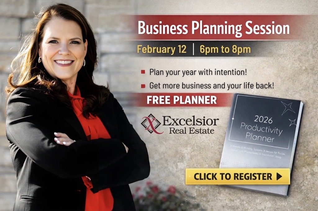 Promotional image for an Excelsior Real Estate business planning session on February 12 from 6–8 pm, featuring a professional woman standing with arms crossed, event details, and a 2026 Productivity Planner with a “Click to Register” call-to-action.