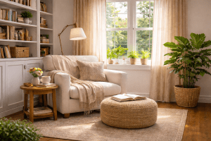 Sunlit reading nook with an upholstered armchair, woven ottoman, wooden side table, bookshelves, houseplants, and large windows with sheer curtains.